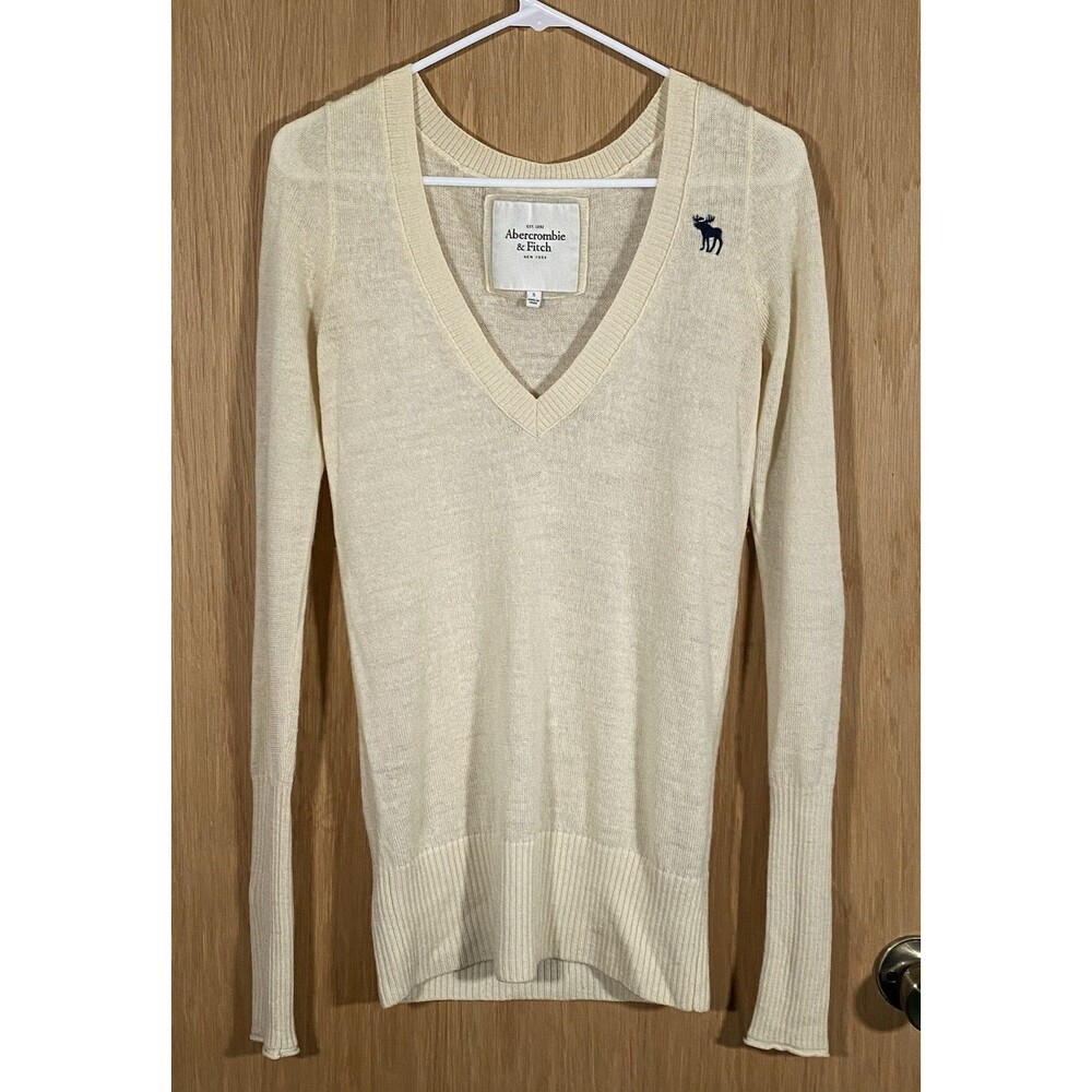 Vtg Y2K Abercrombie & Fitch Women's S Wool Sweater V-Neck Oversized Sleeves Logo
